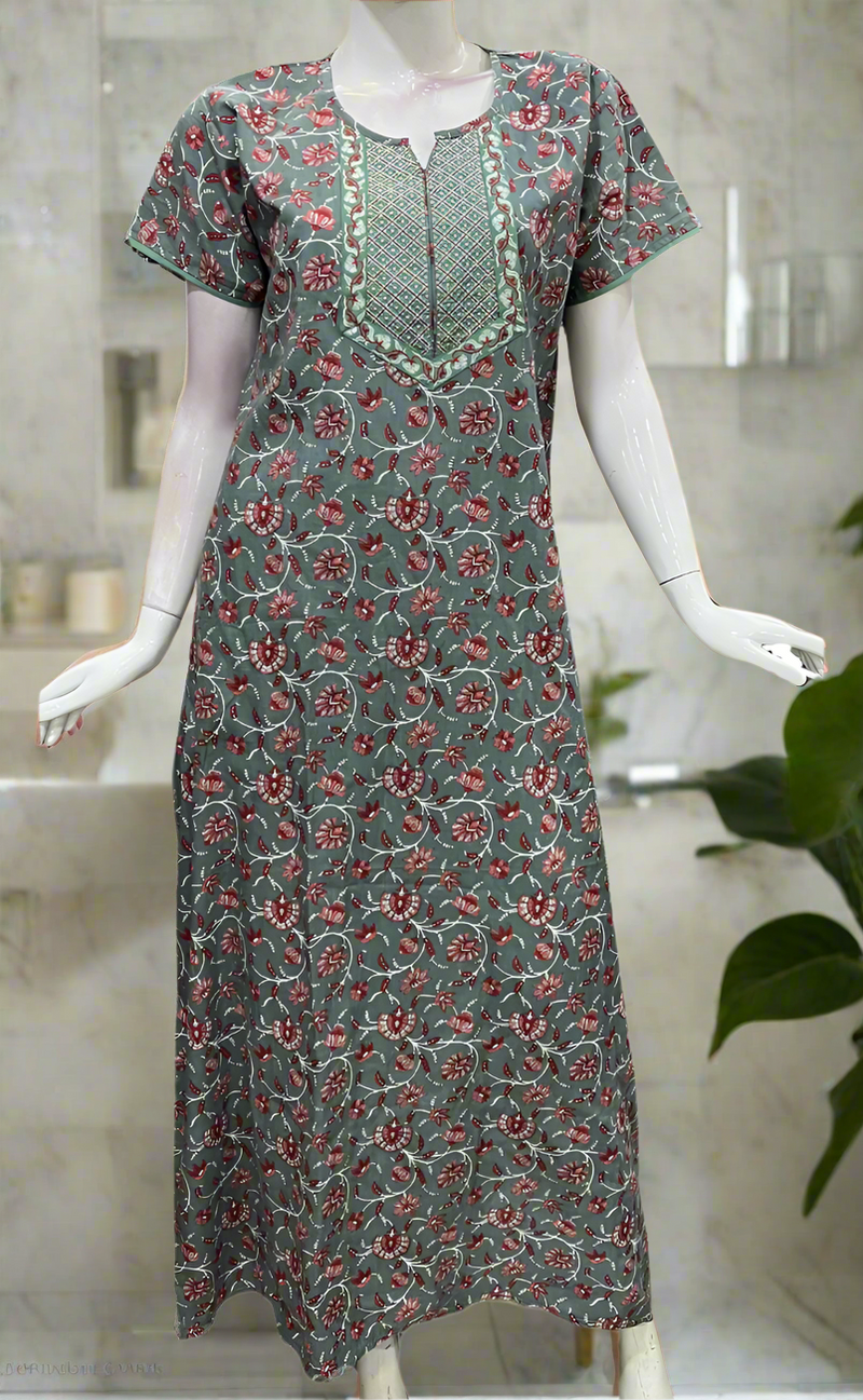 Light Green Garden Pure Cotton Nighty. Pure Durable Cotton | Laces and Frills
