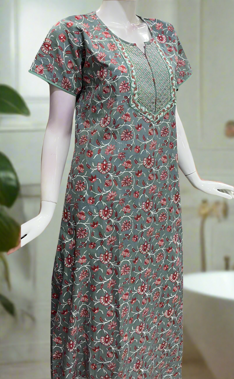 Light Green Garden Pure Cotton Nighty. Pure Durable Cotton | Laces and Frills