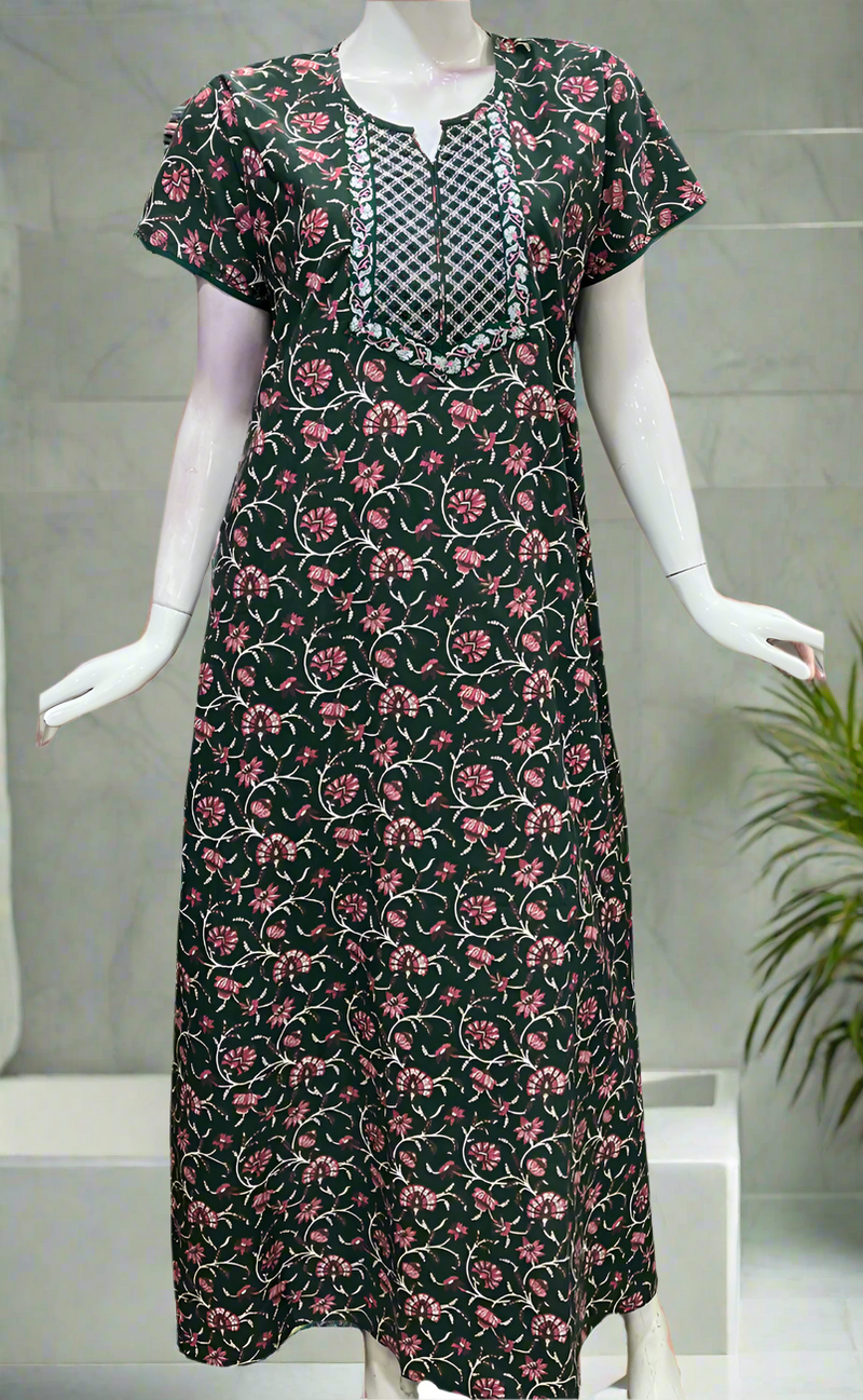 Bottle Green Garden Pure Cotton Nighty. Pure Durable Cotton | Laces and Frills
