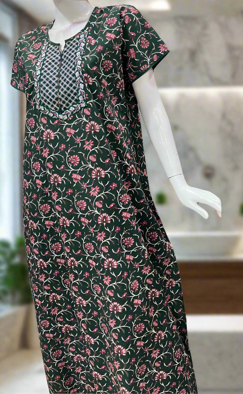 Bottle Green Garden Pure Cotton Nighty. Pure Durable Cotton | Laces and Frills