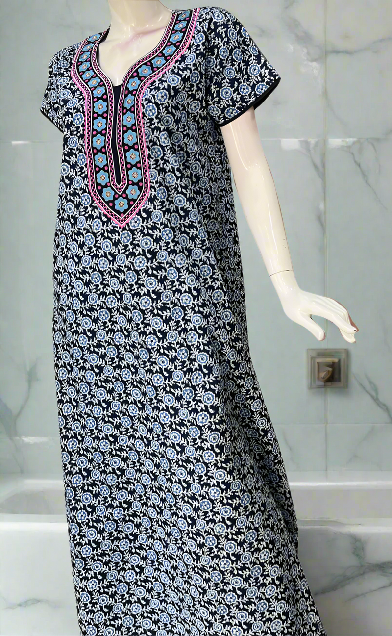 Blue Flora Pure Cotton Nighty. Pure Durable Cotton | Laces and Frills