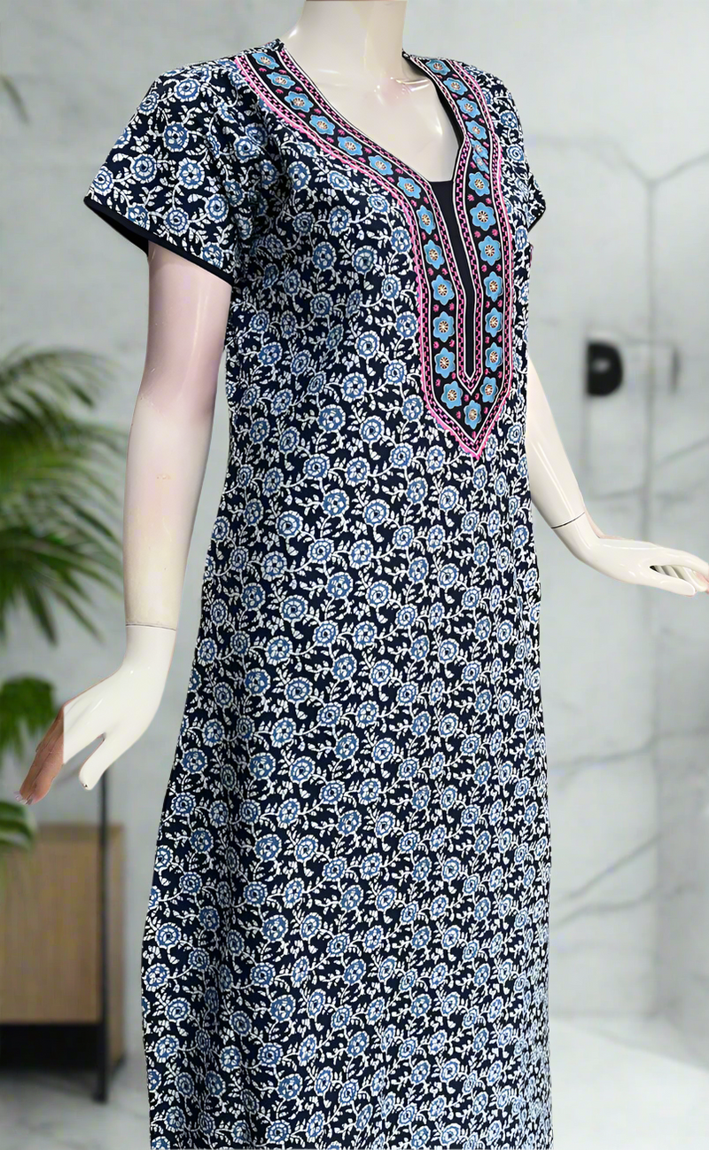 Blue Flora Pure Cotton Nighty. Pure Durable Cotton | Laces and Frills