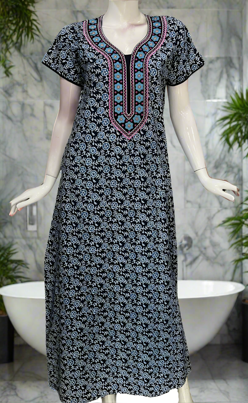 Blue Flora Pure Cotton Nighty. Pure Durable Cotton | Laces and Frills