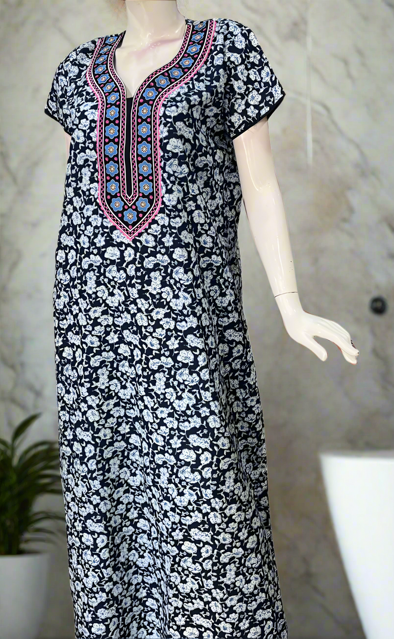 Blue Flora Pure Cotton Nighty. Pure Durable Cotton | Laces and Frills