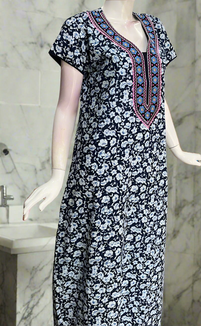 Blue Flora Pure Cotton Nighty. Pure Durable Cotton | Laces and Frills