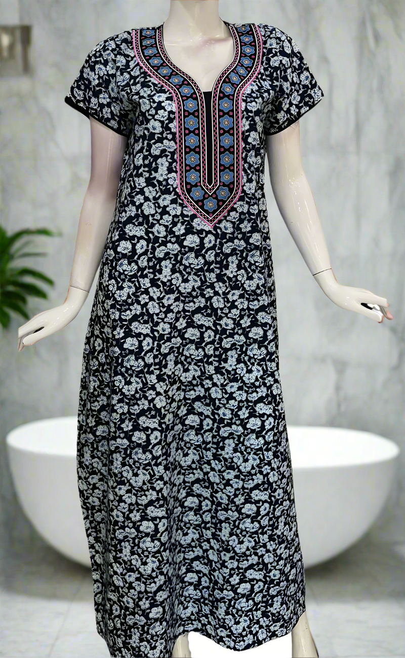 Blue Flora Pure Cotton Nighty. Pure Durable Cotton | Laces and Frills