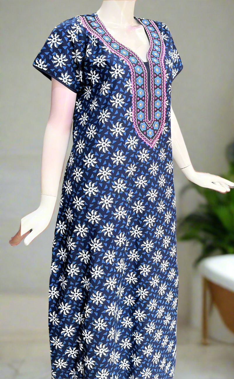 Blue Flora Pure Cotton Nighty. Pure Durable Cotton | Laces and Frills