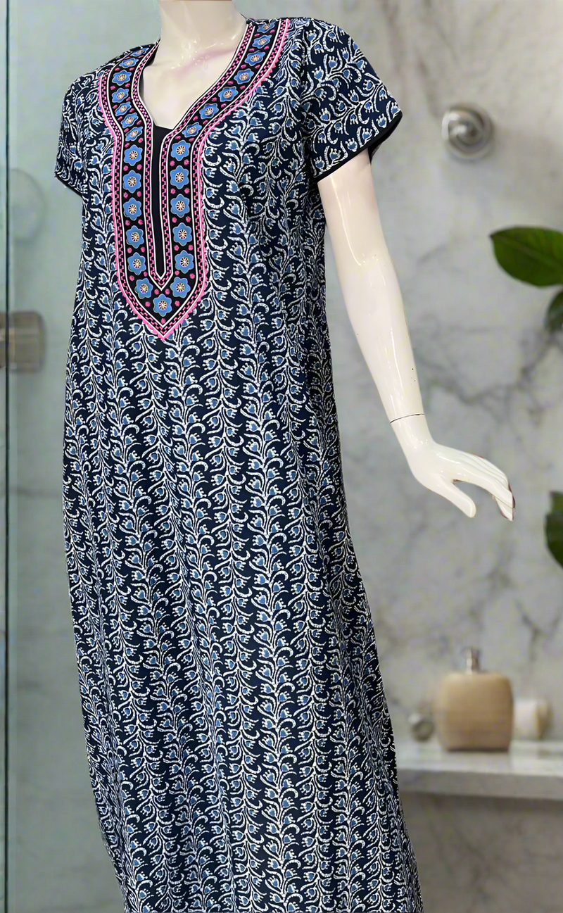 Blue Flora Pure Cotton Nighty. Pure Durable Cotton | Laces and Frills