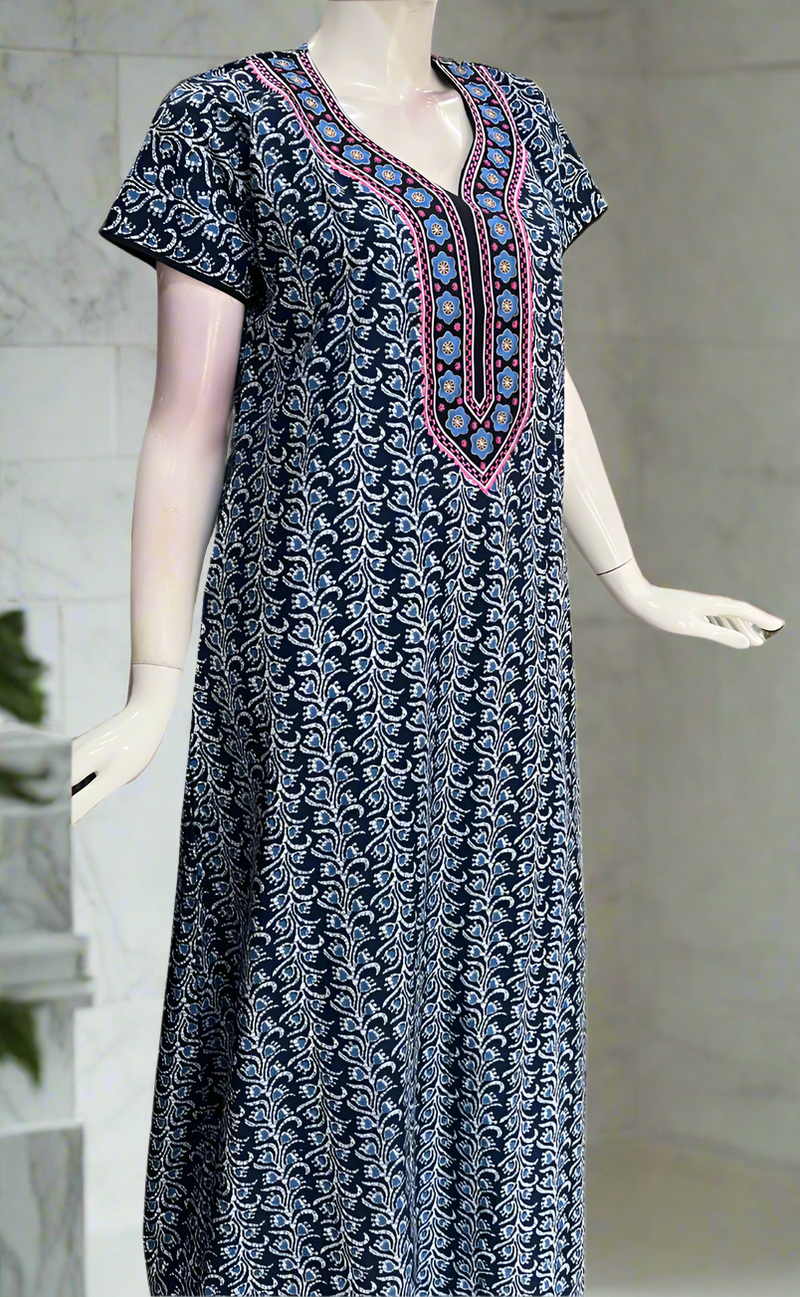 Blue Flora Pure Cotton Nighty. Pure Durable Cotton | Laces and Frills