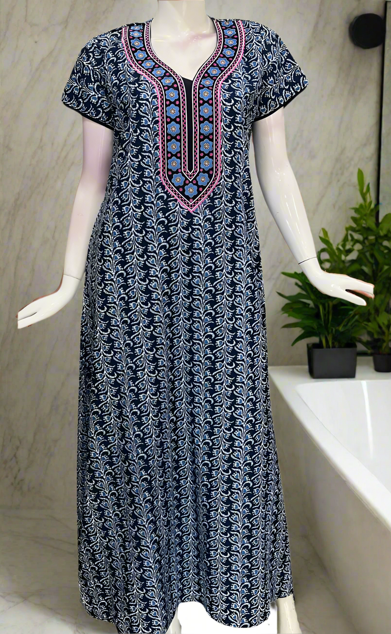 Blue Flora Pure Cotton Nighty. Pure Durable Cotton | Laces and Frills