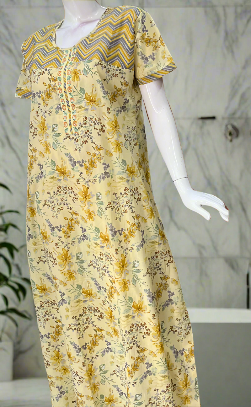 Yellow Floral Pure Cotton Nighty. Pure Durable Cotton | Laces and Frills