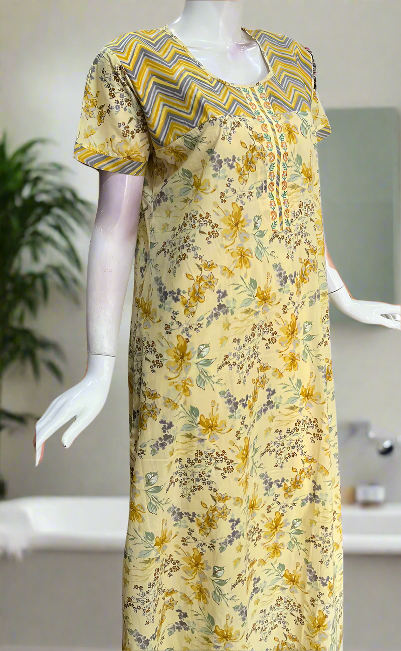 Yellow Floral Pure Cotton Nighty. Pure Durable Cotton | Laces and Frills