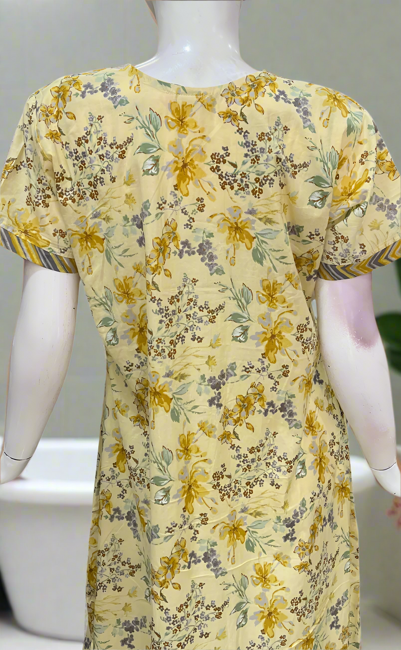 Yellow Floral Pure Cotton Nighty. Pure Durable Cotton | Laces and Frills
