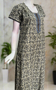 Off White/Blue Leafy Pure Cotton Nighty. Pure Durable Cotton | Laces and Frills