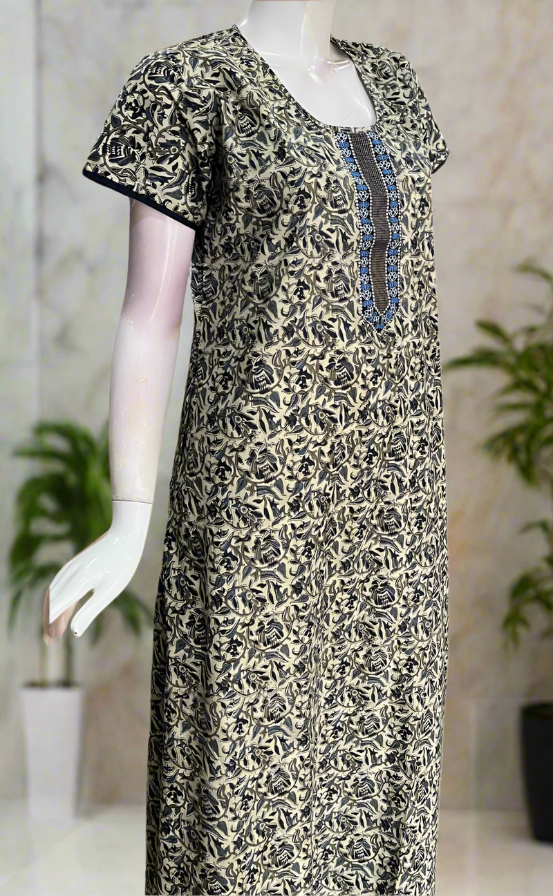 Off White/Blue Leafy Pure Cotton Nighty. Pure Durable Cotton | Laces and Frills