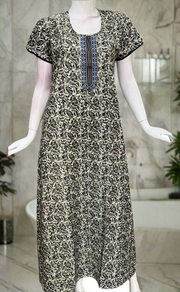 Off White/Blue Leafy Pure Cotton Nighty. Pure Durable Cotton | Laces and Frills