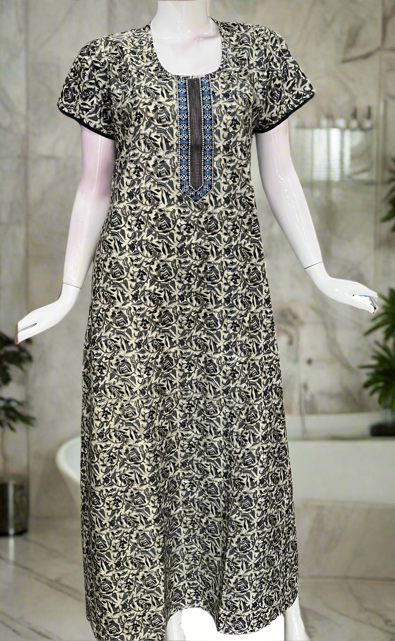 Off White/Blue Leafy Pure Cotton Nighty. Pure Durable Cotton | Laces and Frills