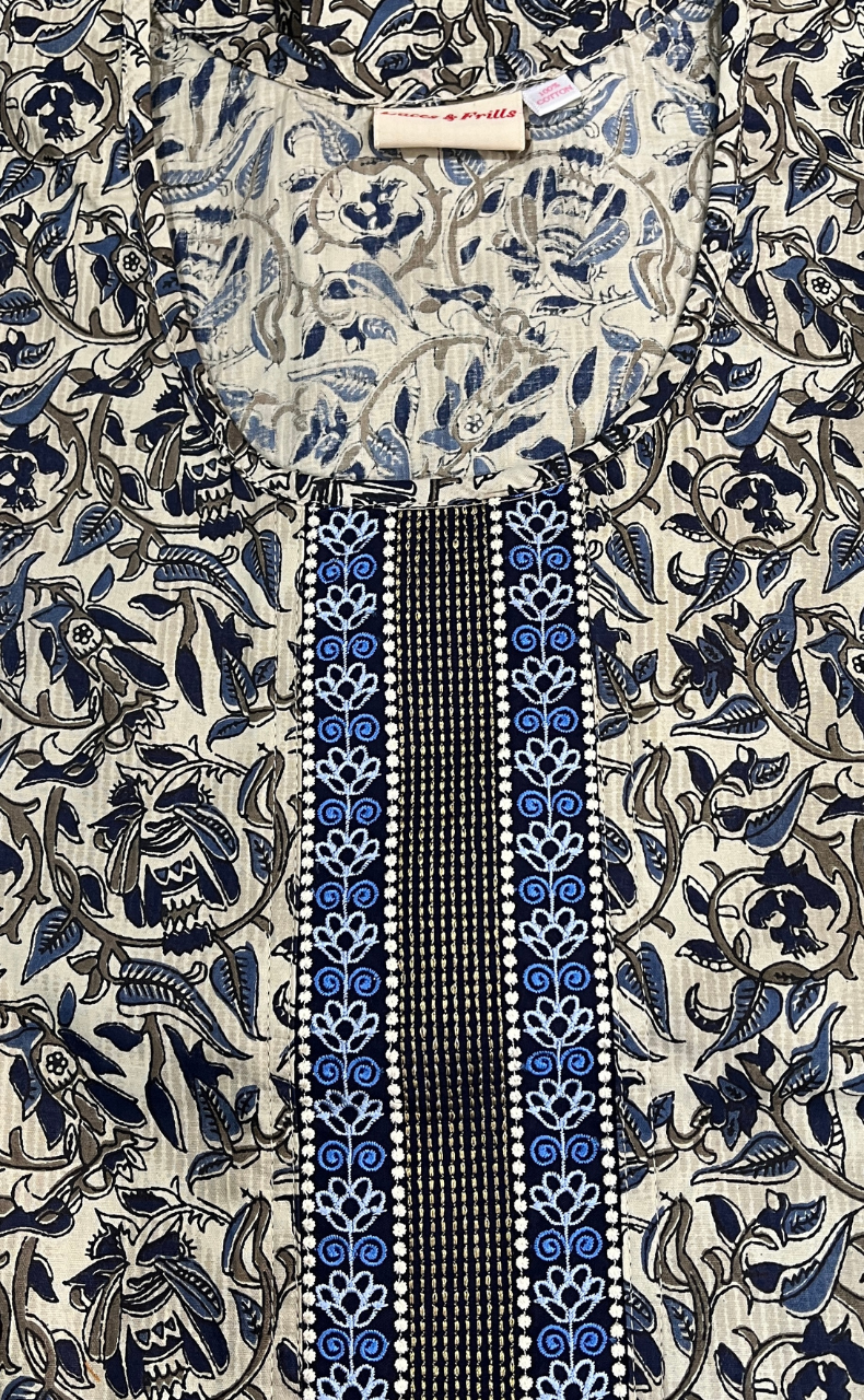 Off White/Blue Leafy Pure Cotton Nighty. Pure Durable Cotton | Laces and Frills