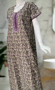 Off White/Purple Leafy Pure Cotton Nighty. Pure Durable Cotton | Laces and Frills