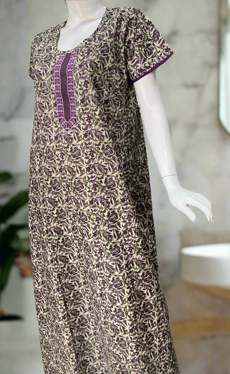 Off White/Purple Leafy Pure Cotton Nighty. Pure Durable Cotton | Laces and Frills