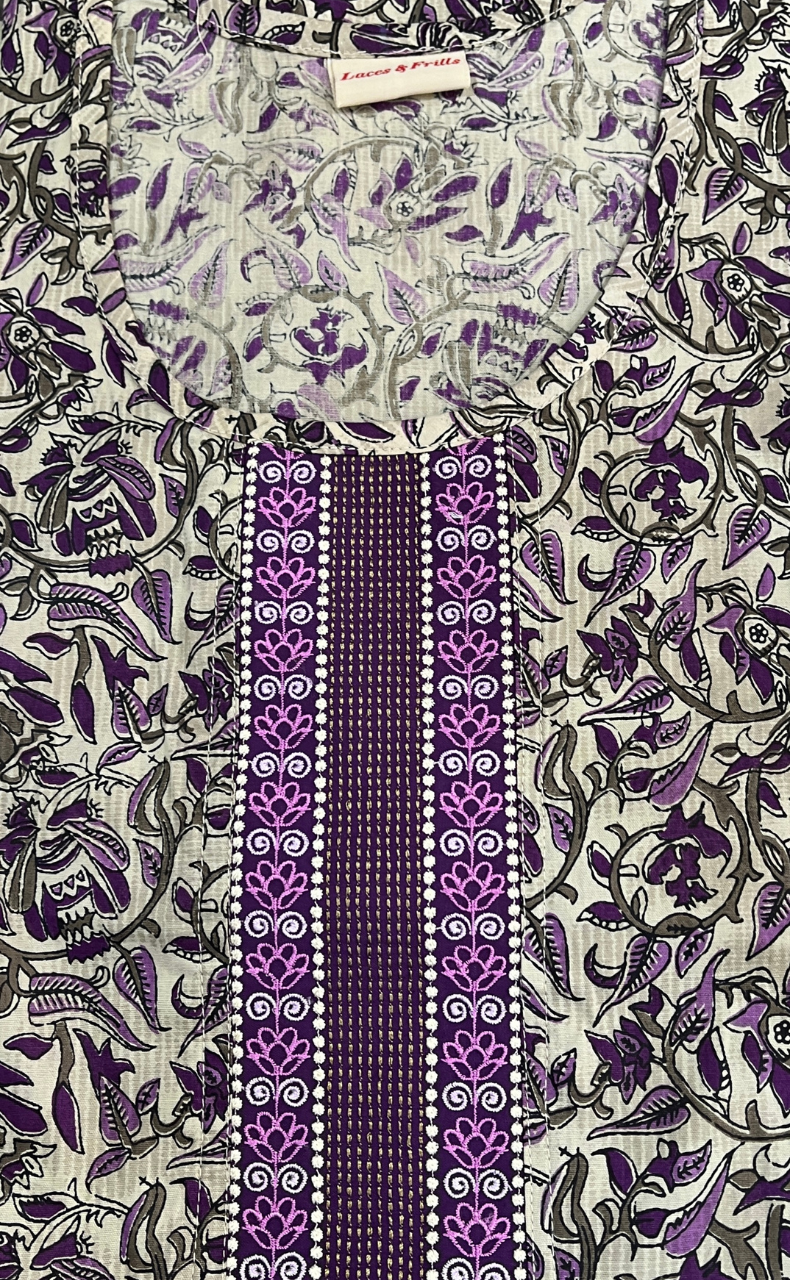 Off White/Purple Leafy Pure Cotton Nighty. Pure Durable Cotton | Laces and Frills