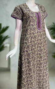 Off White/Purple Leafy Pure Cotton Nighty. Pure Durable Cotton | Laces and Frills