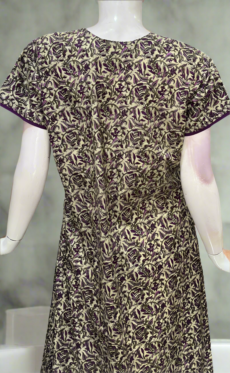 Off White/Purple Leafy Pure Cotton Nighty. Pure Durable Cotton | Laces and Frills