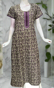 Off White/Purple Leafy Pure Cotton Nighty. Pure Durable Cotton | Laces and Frills