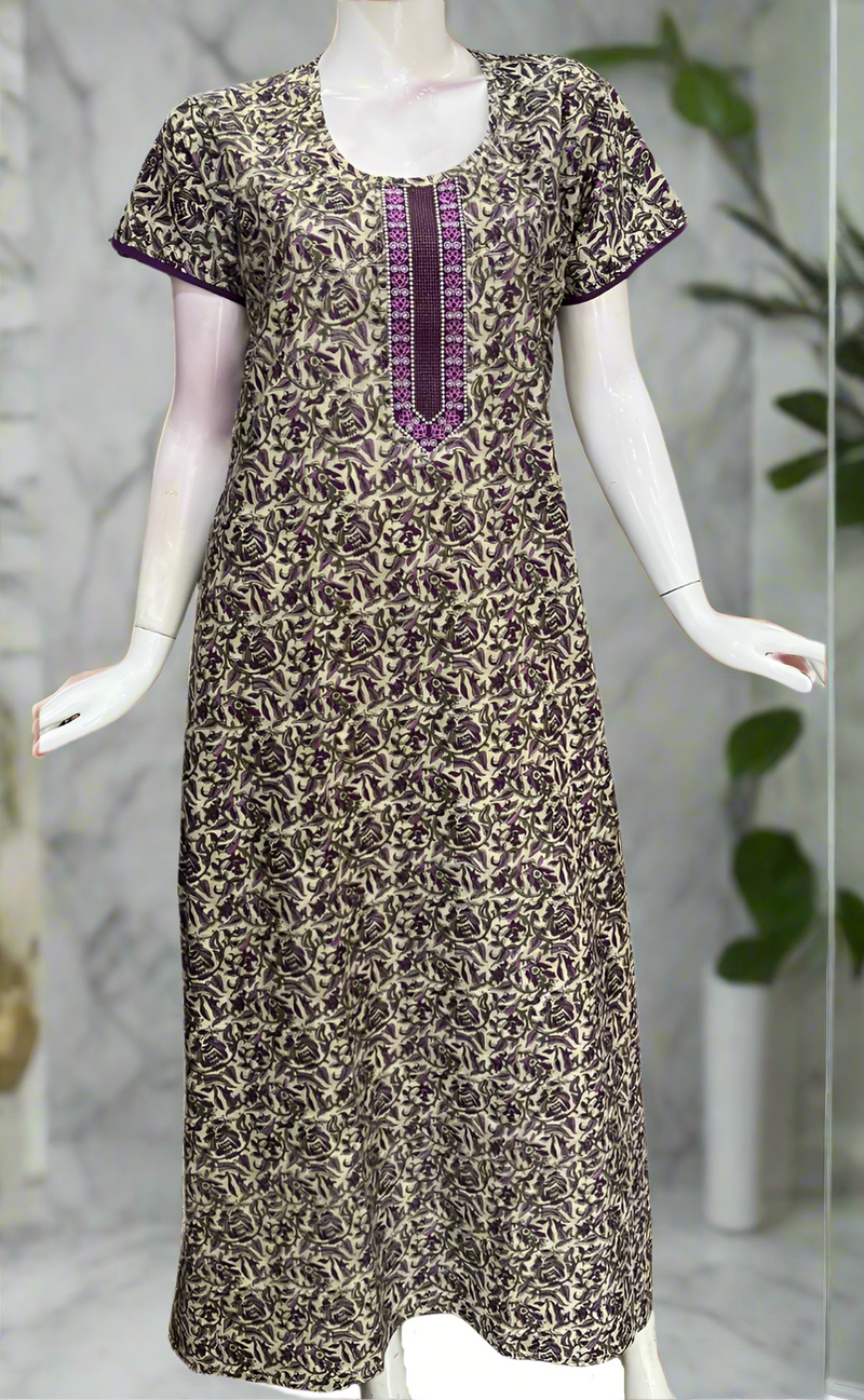 Off White/Purple Leafy Pure Cotton Nighty. Pure Durable Cotton | Laces and Frills