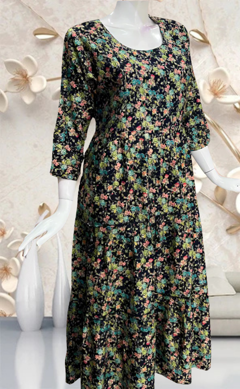 Navy Blue Floral Garden Rayon Feeding Nursing Nighty. Flowy Rayon Fabric | Laces and Frills