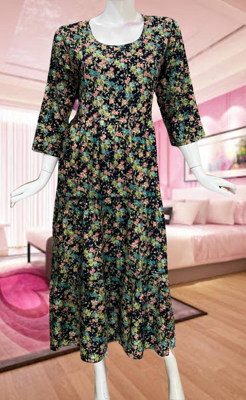 Navy Blue Floral Garden Rayon Feeding Nursing Nighty. Flowy Rayon Fabric | Laces and Frills - Laces and Frills