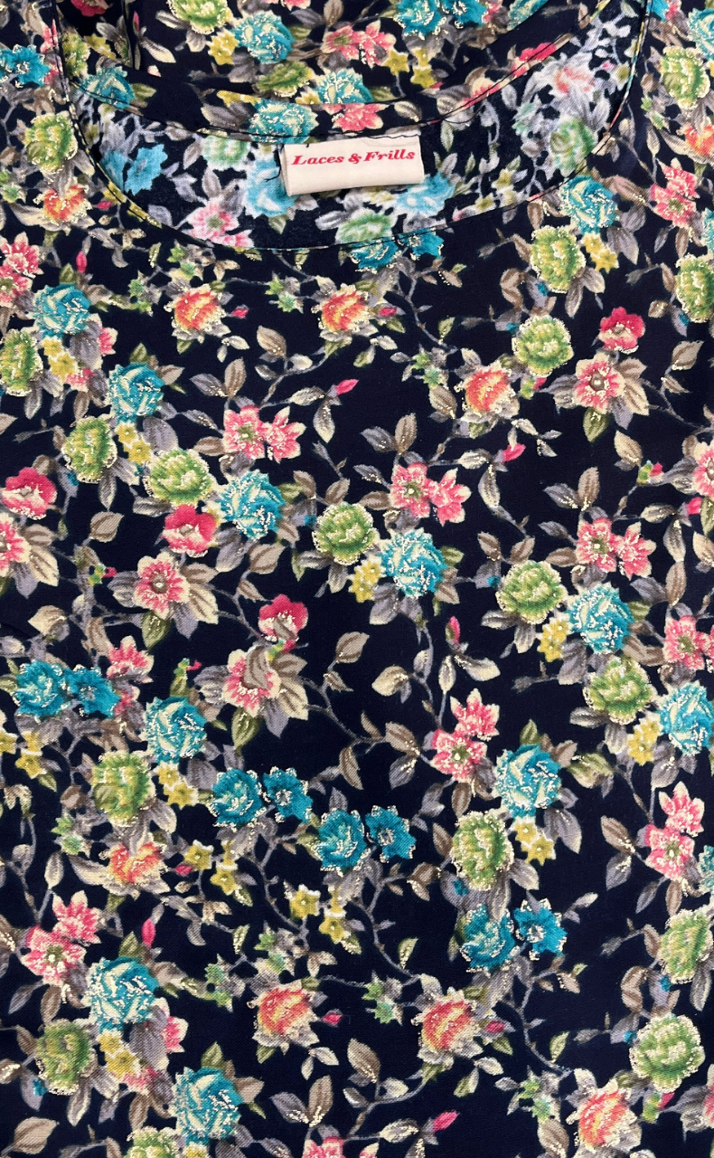 Navy Blue Floral Garden Rayon Feeding Nursing Nighty. Flowy Rayon Fabric | Laces and Frills