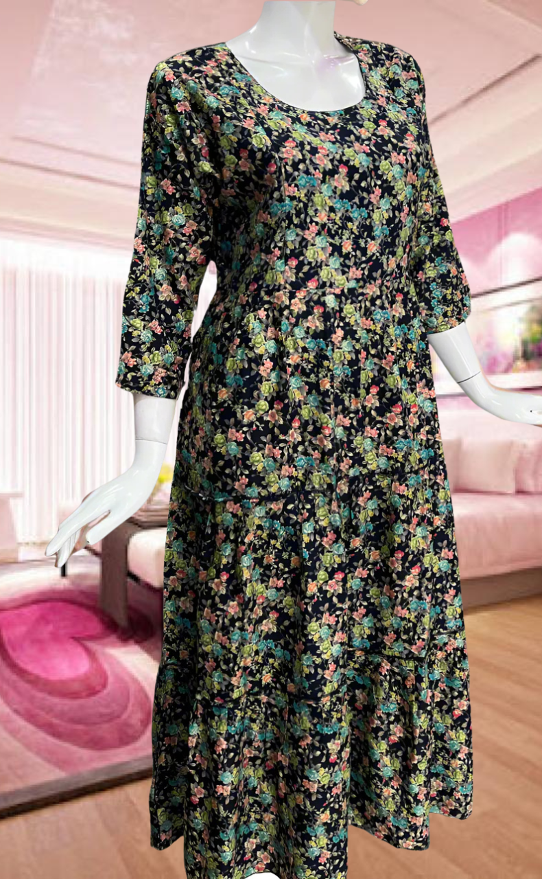 Navy Blue Floral Garden Rayon Feeding Nursing Nighty. Flowy Rayon Fabric | Laces and Frills - Laces and Frills