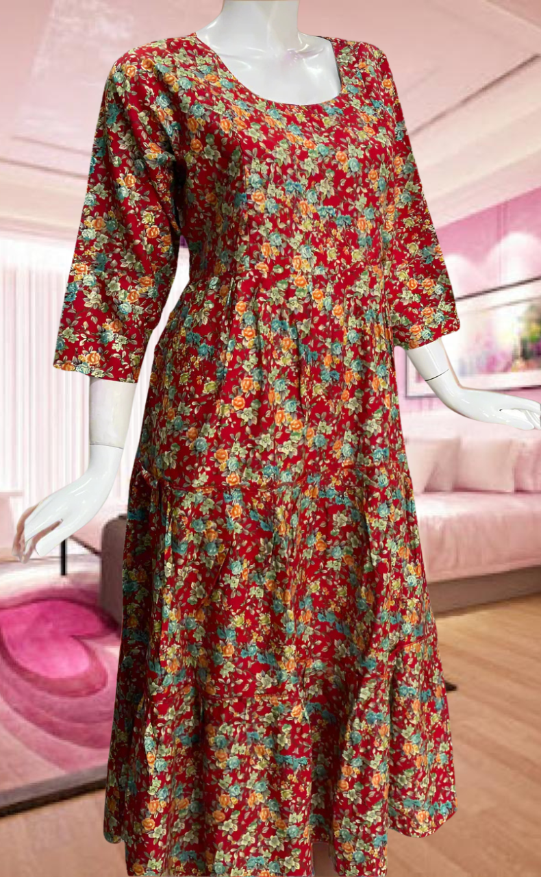 Red Garden Rayon Feeding Nursing Nighty. Flowy Rayon Fabric | Laces and Frills - Laces and Frills