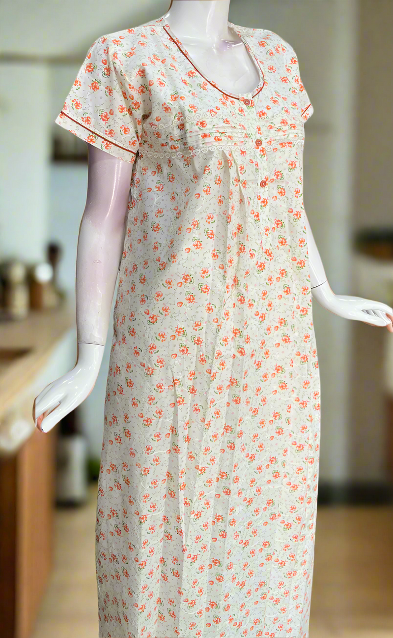Off White/Orange Floral Boutique Cotton Nighty . Pure Durable Cotton | Laces and Frills