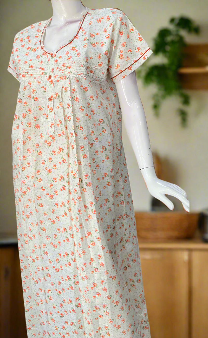 Off White/Orange Floral Boutique Cotton Nighty . Pure Durable Cotton | Laces and Frills