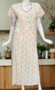 Off White/Orange Floral Boutique Cotton Nighty . Pure Durable Cotton | Laces and Frills