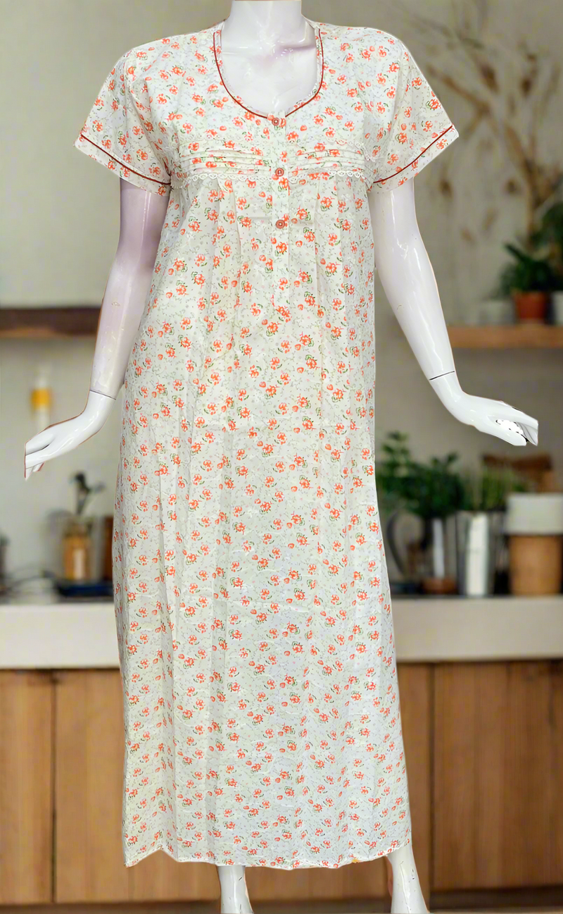 Off White/Orange Floral Boutique Cotton Nighty . Pure Durable Cotton | Laces and Frills