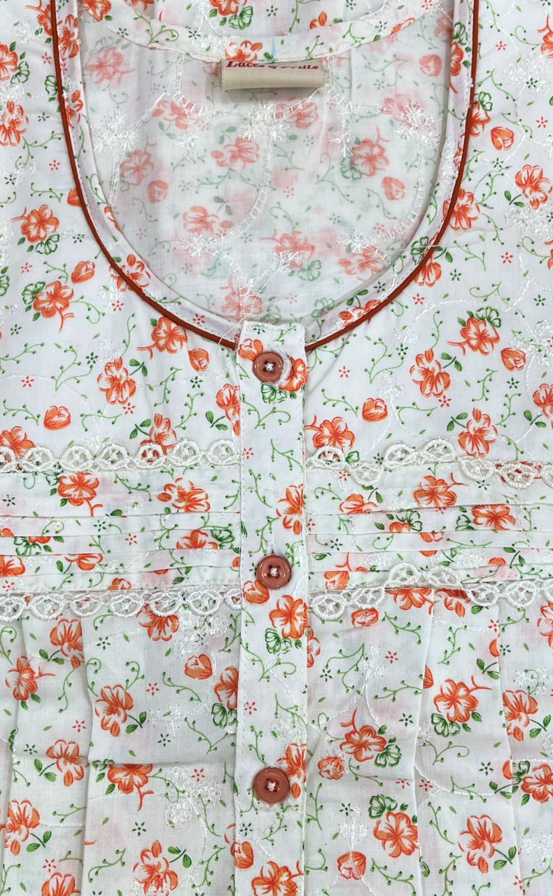 Off White/Orange Floral Boutique Cotton Nighty . Pure Durable Cotton | Laces and Frills