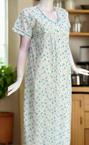 Off White/Sky Blue Floral Boutique Cotton Nighty . Pure Durable Cotton | Laces and Frills