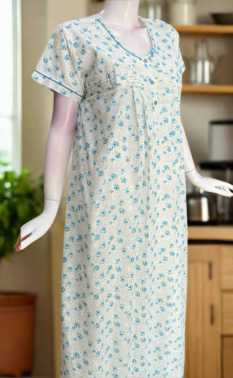 Off White/Sky Blue Floral Boutique Cotton Nighty . Pure Durable Cotton | Laces and Frills