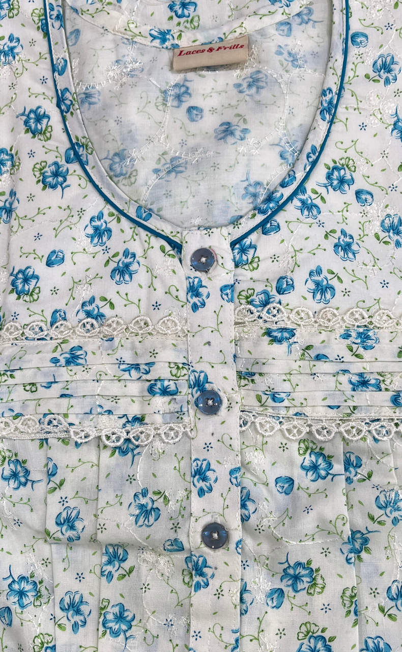 Off White/Sky Blue Floral Boutique Cotton Nighty . Pure Durable Cotton | Laces and Frills