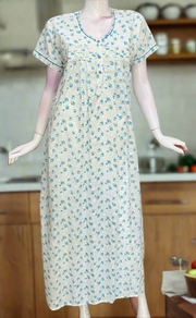 Off White/Sky Blue Floral Boutique Cotton Nighty . Pure Durable Cotton | Laces and Frills