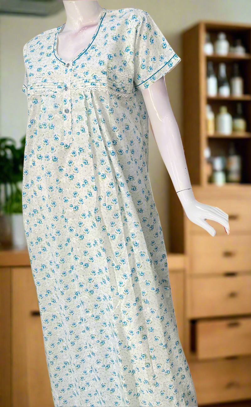 Off White/Sky Blue Floral Boutique Cotton Nighty . Pure Durable Cotton | Laces and Frills