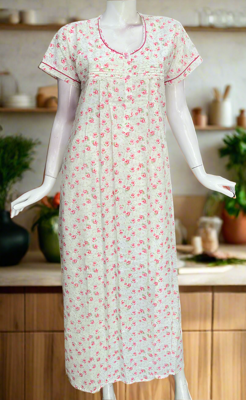 Off White/Pink Floral Boutique Cotton Nighty . Pure Durable Cotton | Laces and Frills