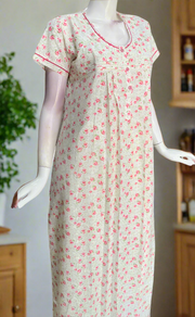 Off White/Pink Floral Boutique Cotton Nighty . Pure Durable Cotton | Laces and Frills