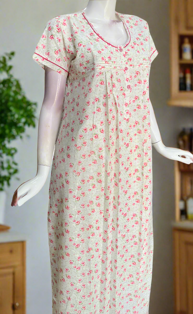 Off White/Pink Floral Boutique Cotton Nighty . Pure Durable Cotton | Laces and Frills