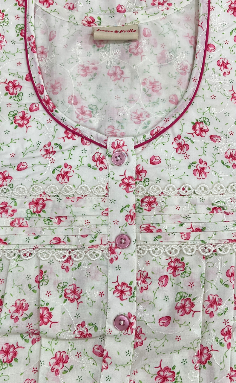 Off White/Pink Floral Boutique Cotton Nighty . Pure Durable Cotton | Laces and Frills