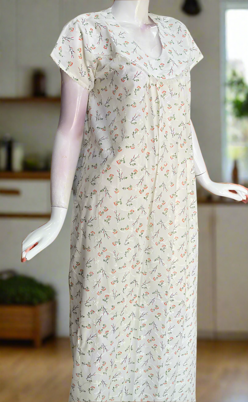 Off White/Orange Floral Boutique Cotton Nighty . Pure Durable Cotton | Laces and Frills