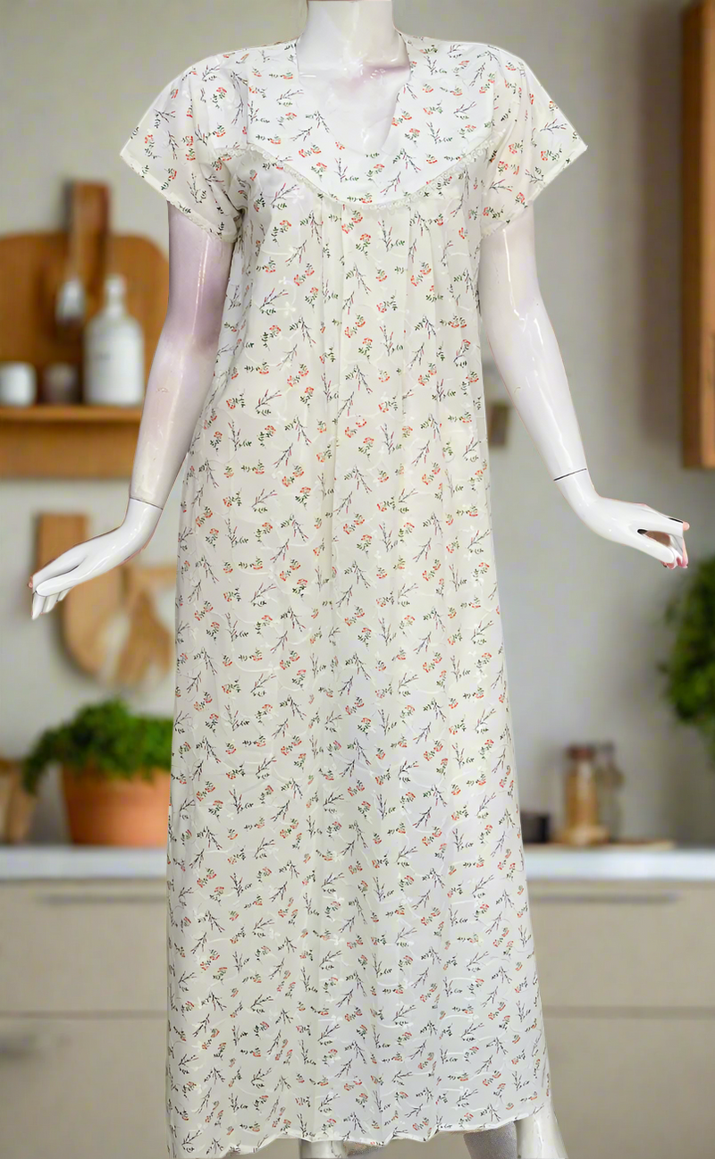 Off White/Orange Floral Boutique Cotton Nighty . Pure Durable Cotton | Laces and Frills